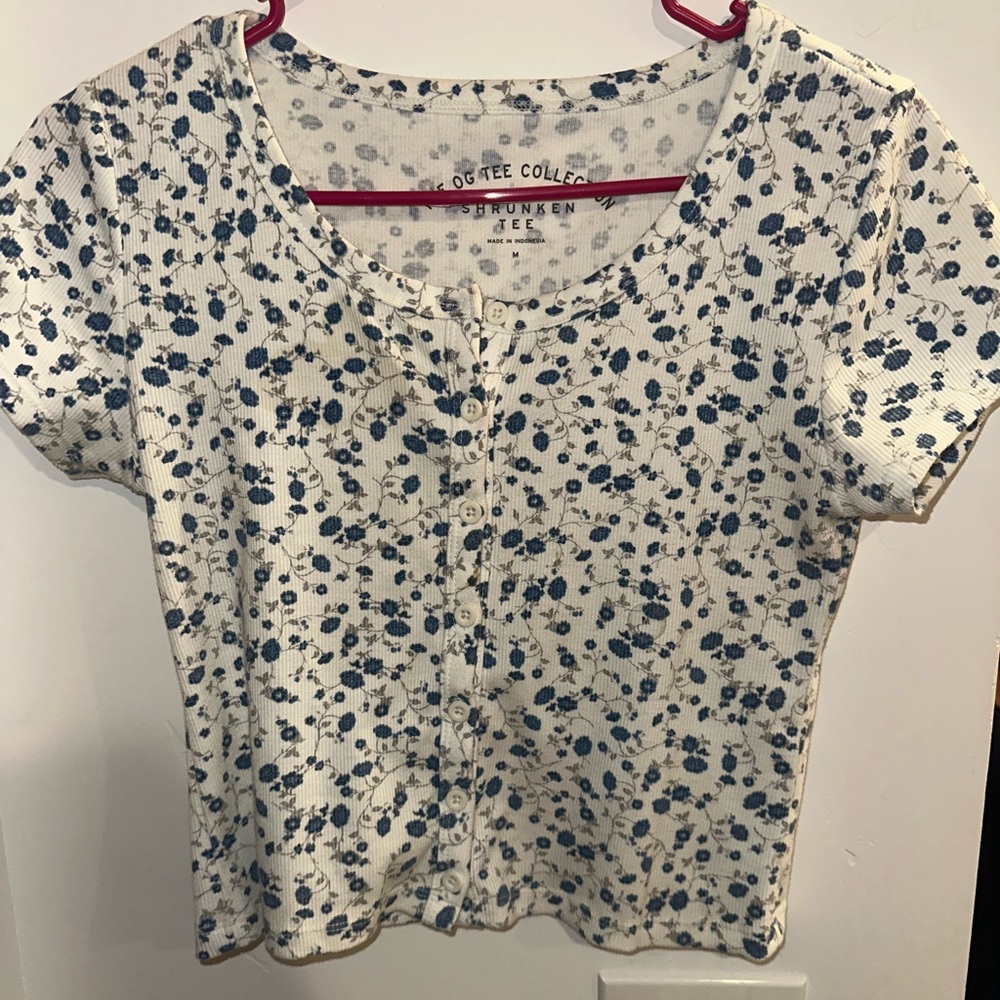 Blue Floral Button-Up Women's Top
